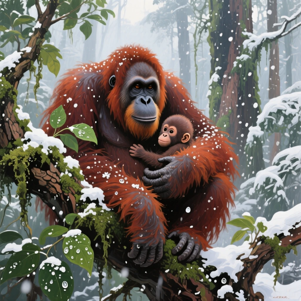 an orangutan cradling its infant in rainforest branches, after a gentle snowfall, with a balanced, spacious view of the surroundings.