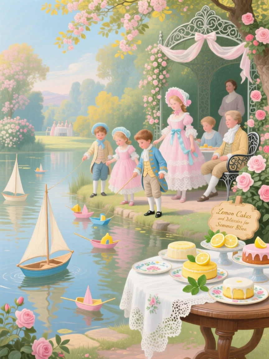 A summer children’s party with toy boats and lemon cakes by a pond  