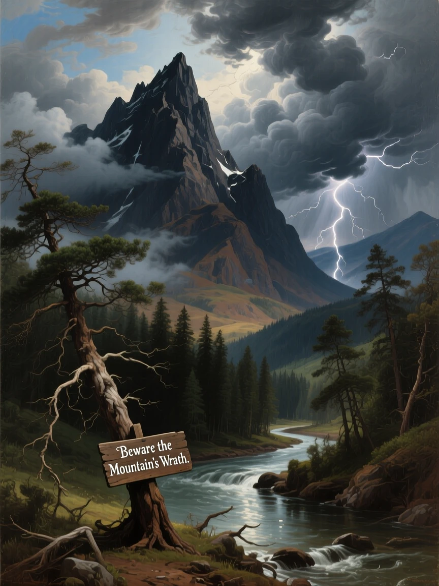Storm clouds gather around a jagged mountain summit.