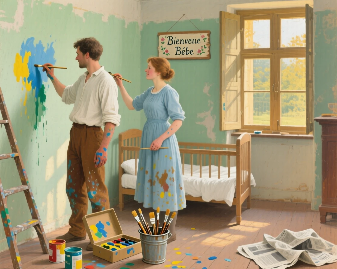 A young couple painting their new nursery together, both covered in paint, with warm afternoon light streaming through nearby windows, capturing an everyday moment that feels timeless and precious