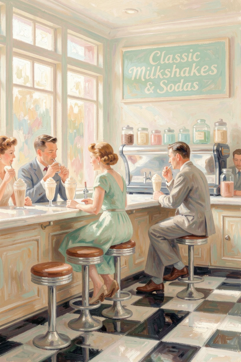 An old-fashioned soda fountain shop with checkered floors and patrons sipping milkshakes at the counter.