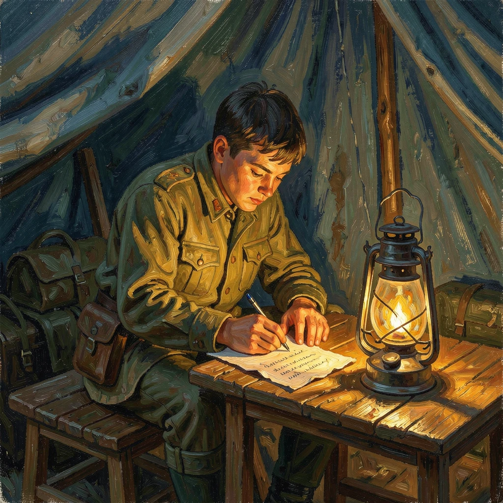 A young soldier writing a letter home by lantern light in a quiet tent.