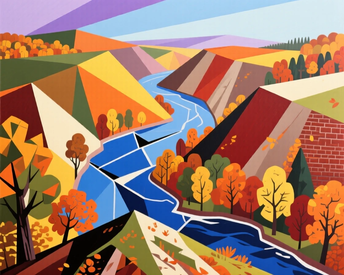 A winding river valley blanketed in autumn color viewed from a high ridge.