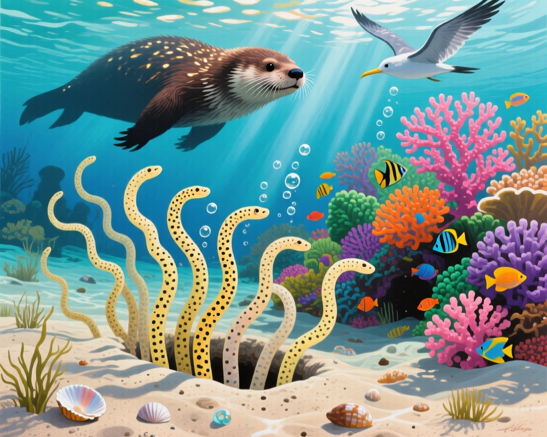 A colony of garden eels sways in unison from the sandy seafloor near a tropical reef, retreating into their burrows as a shadow passes overhead, small details in its fur or feathers catching the light with remarkable clarity.
