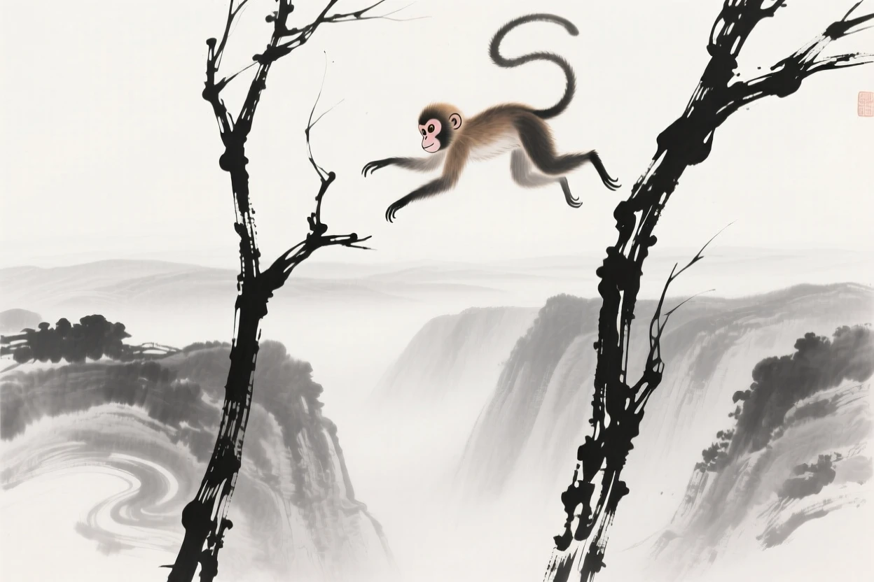 A young monkey leaps between two swaying branches, overlooking a deep misty valley.