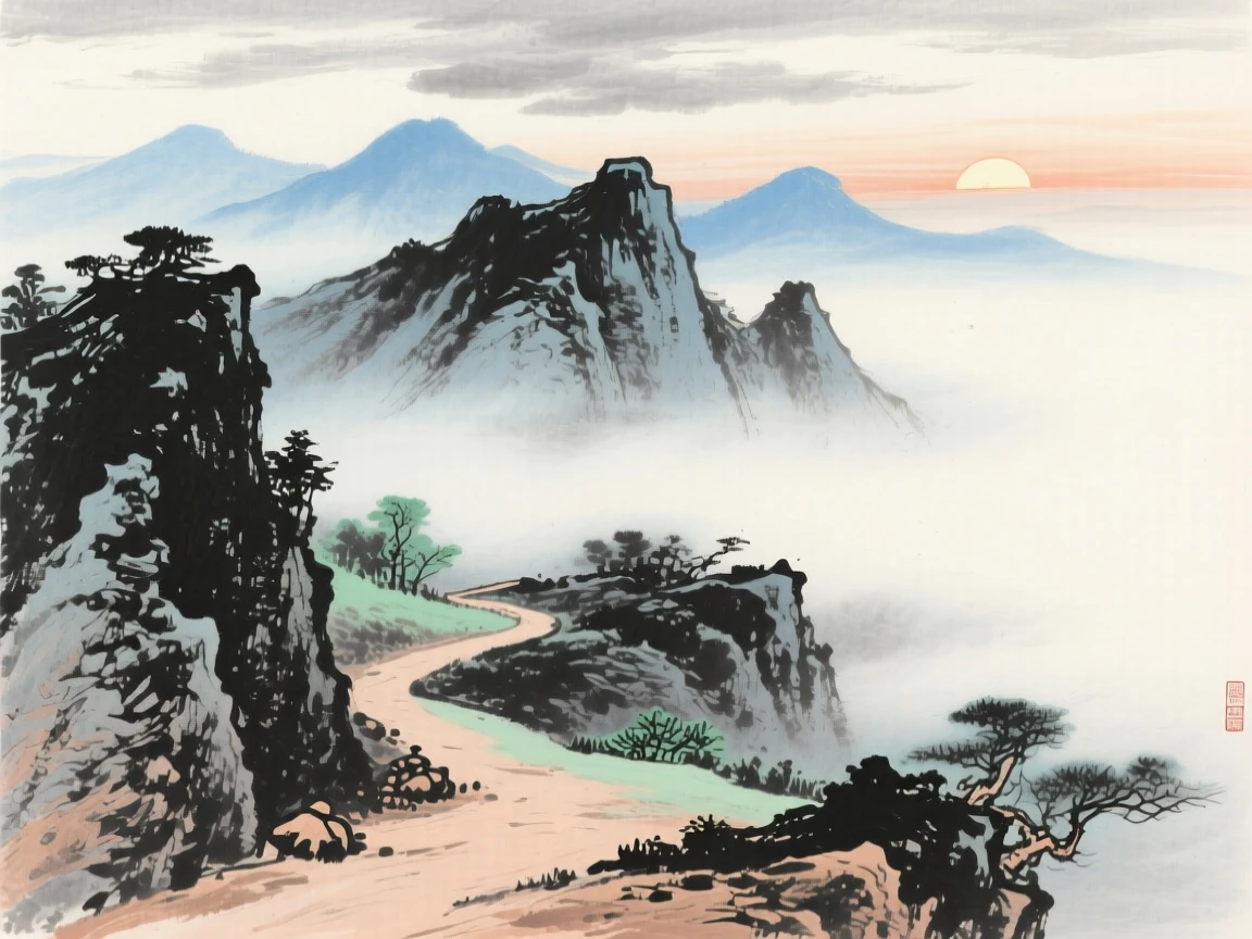 An empty mountain path disappearing into drifting fog, beneath low hanging clouds, in the quiet hour before sunrise.