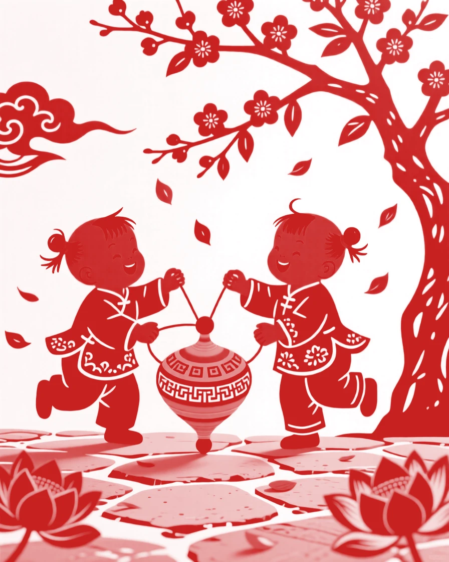 Twin toddlers, spinning a colorful top on a stone floor, petals drifting down around them from a nearby tree.