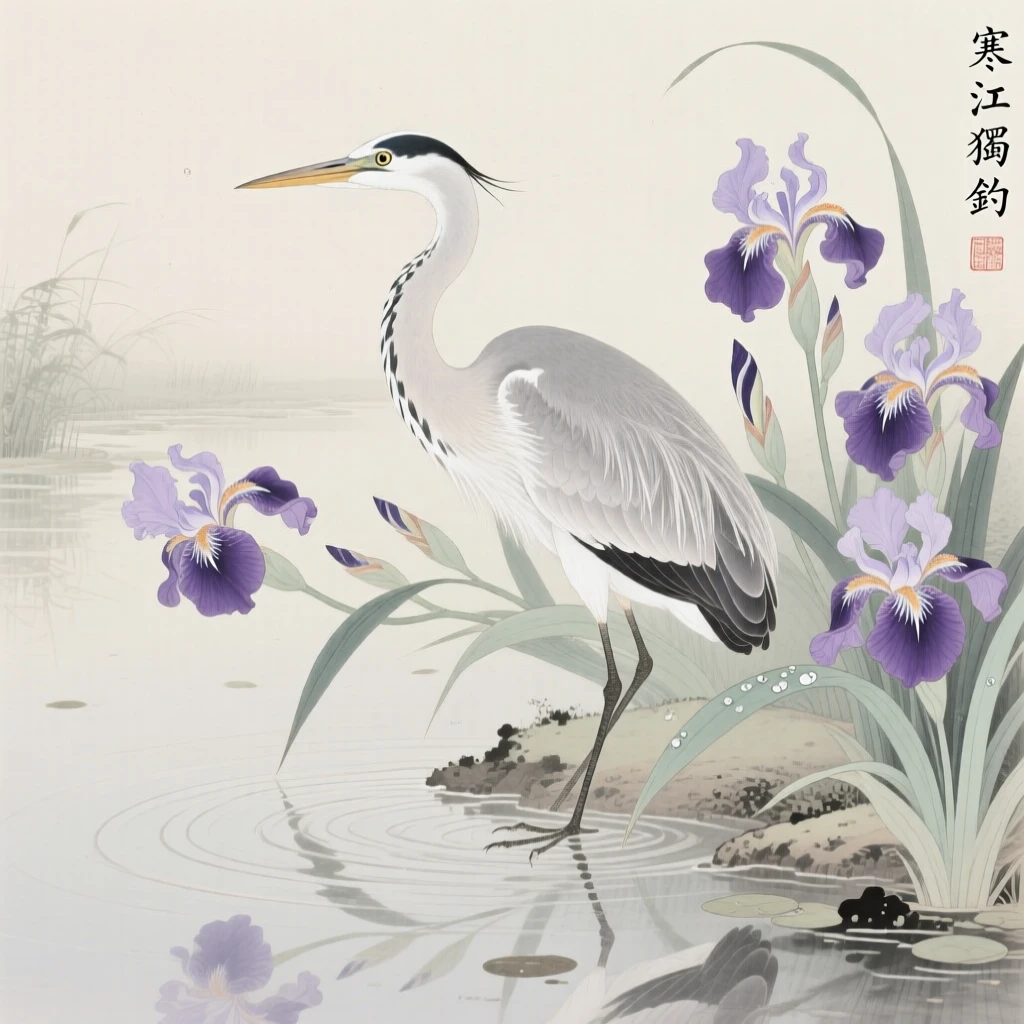 A heron fishing at the edge of a marsh in a garden pond surrounded by iris flowers