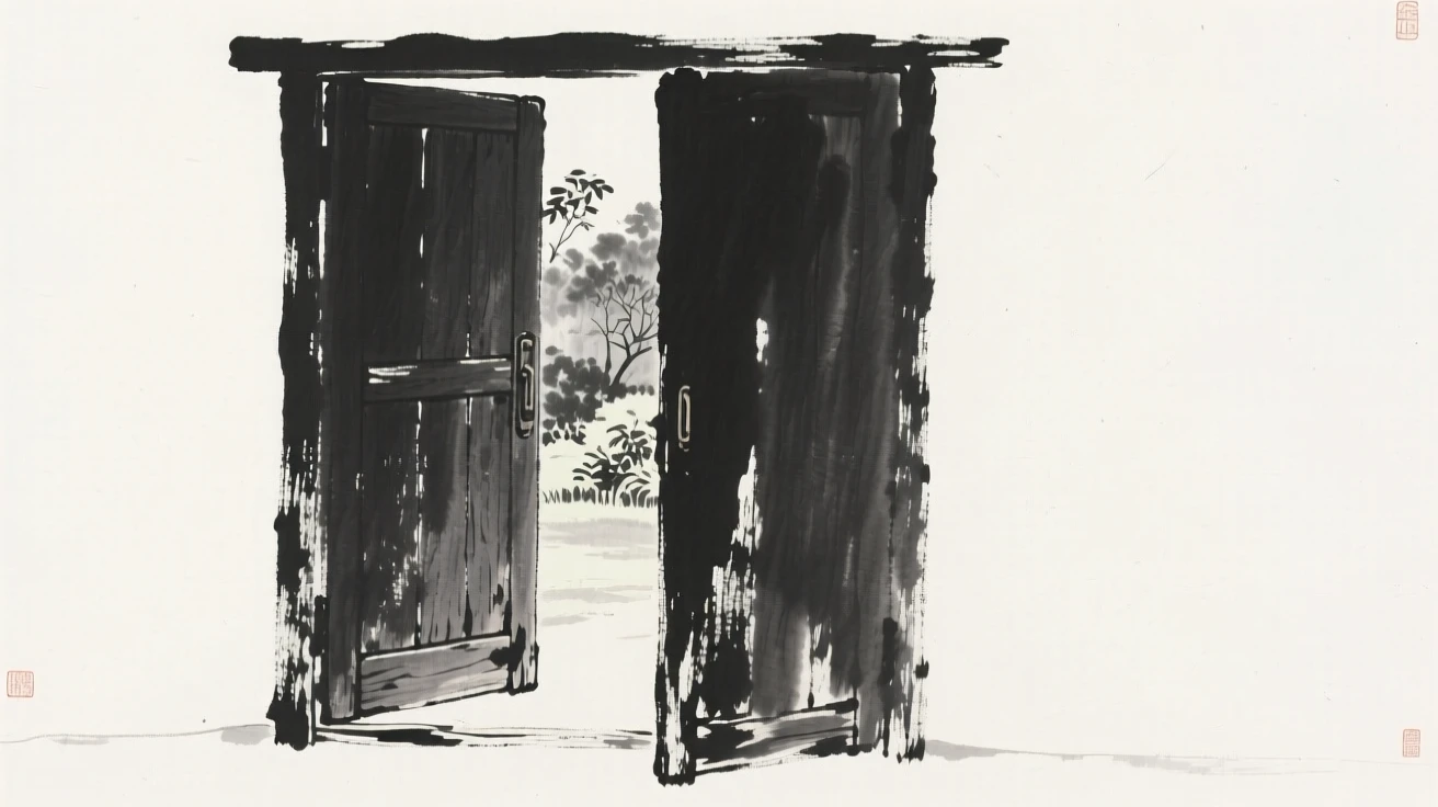 An old wooden door left slightly open to a quiet garden, framed with soft, diffused light throughout, evoking deep introspection and quiet solitude.