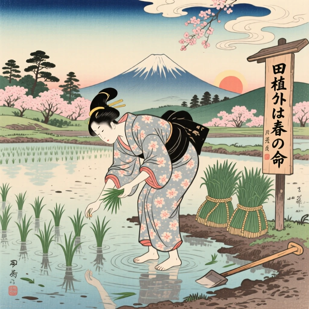 An embroiderer planting seedlings in a flooded paddy field.