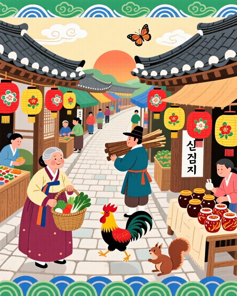A view of a traditional market street lined with paper lanterns, as villagers go about their morning routines.