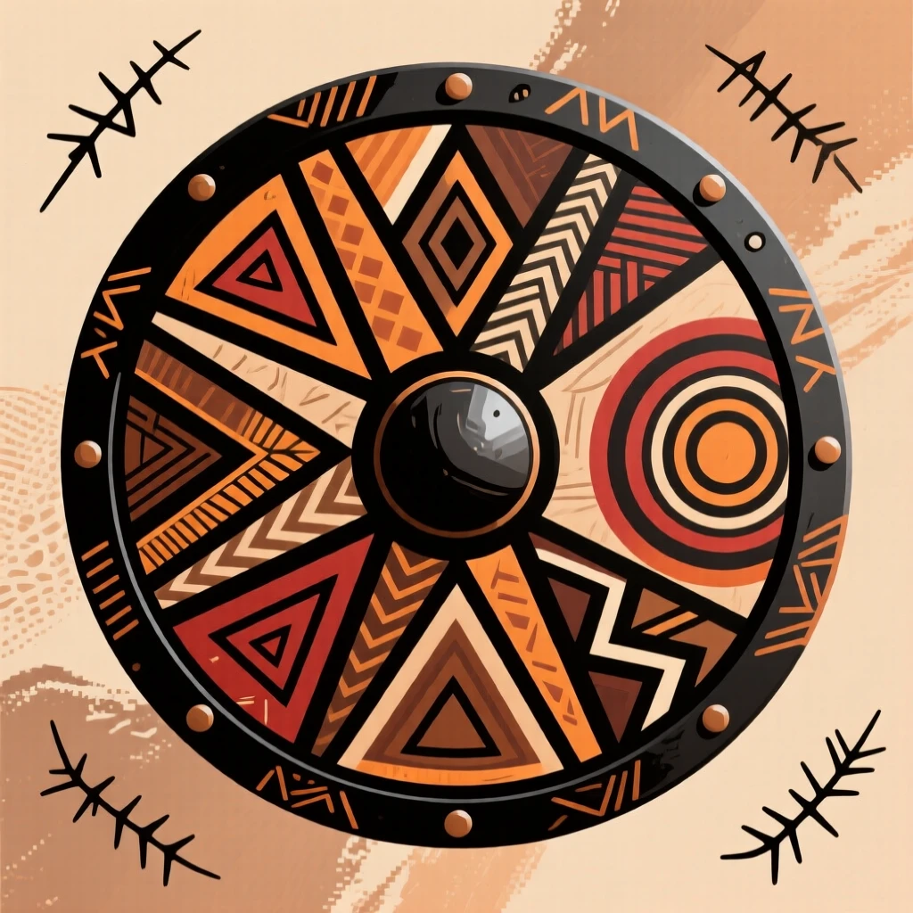 A warrior's shield decorated with geometric patterns.