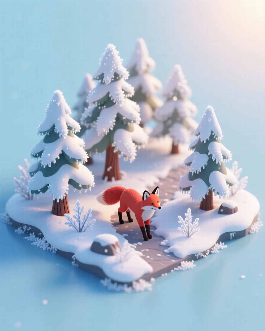 A frost-kissed alpine forest at dawn, sunlight glinting off snow-laden branches, and a red fox trotting silently through the trees.