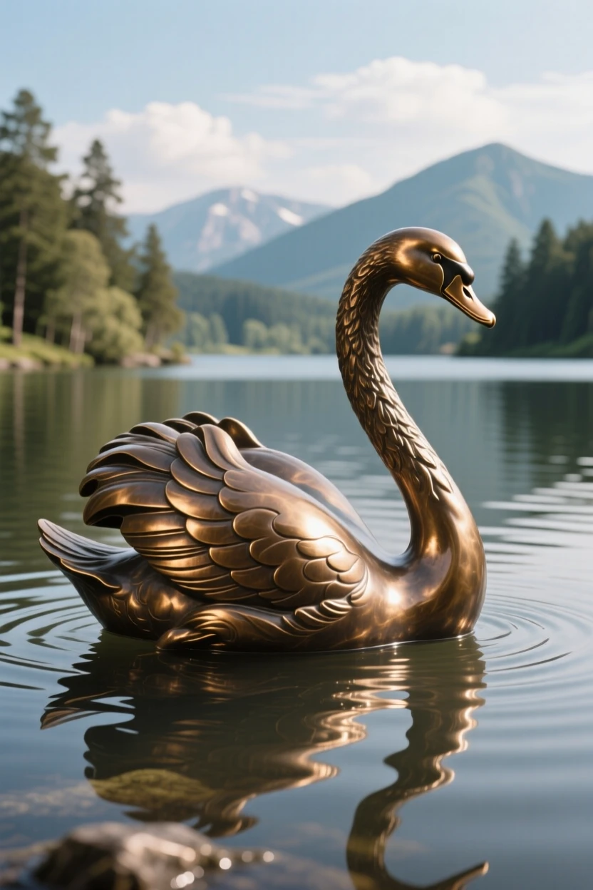 A swan gliding gracefully across a still lake, set against a breathtaking natural backdrop, evoking wonder and majesty