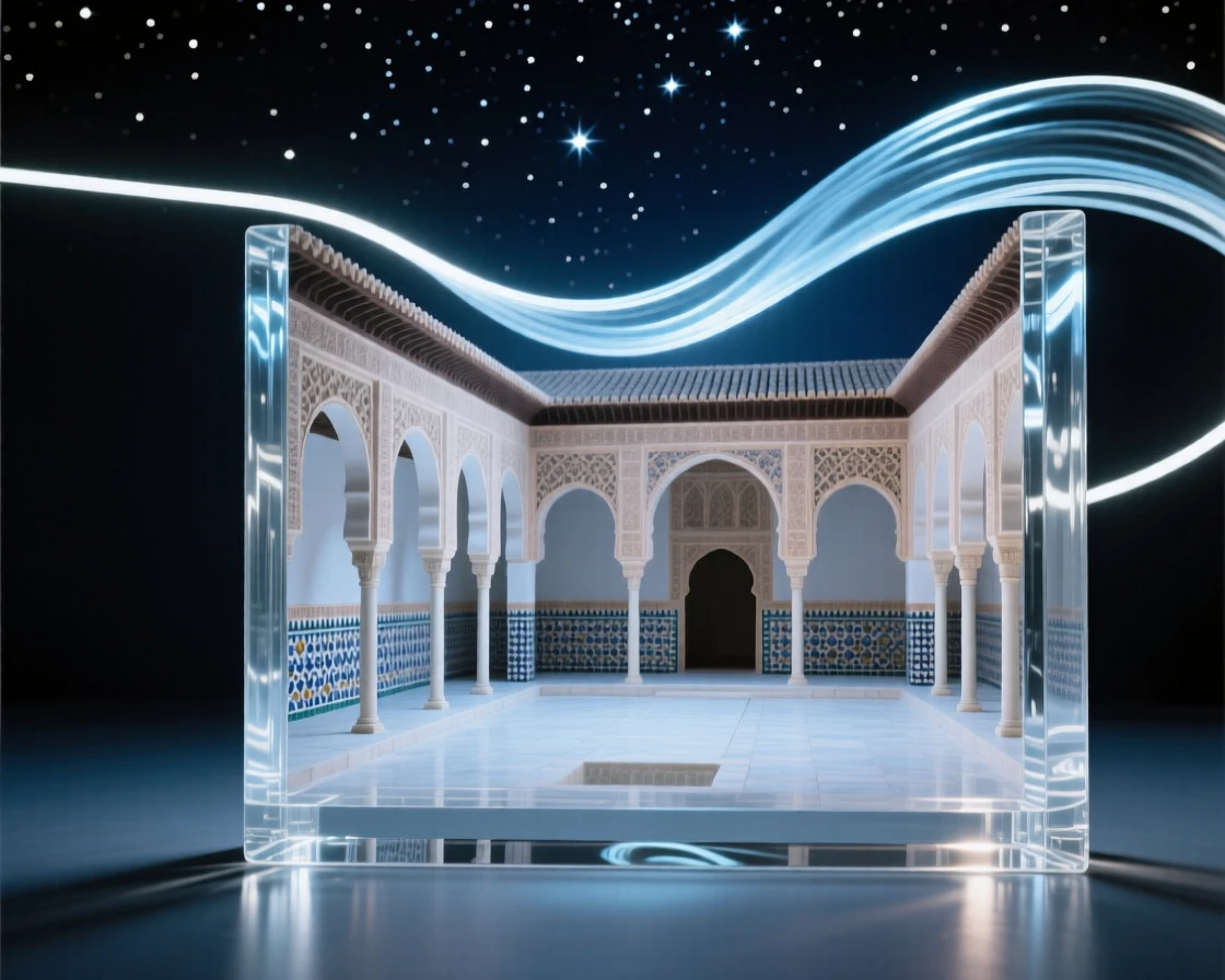 The Alhambra's ornate courtyards under a starry night sky, long soft light trails in the distance, composition emphasizing scale and grandeur.
