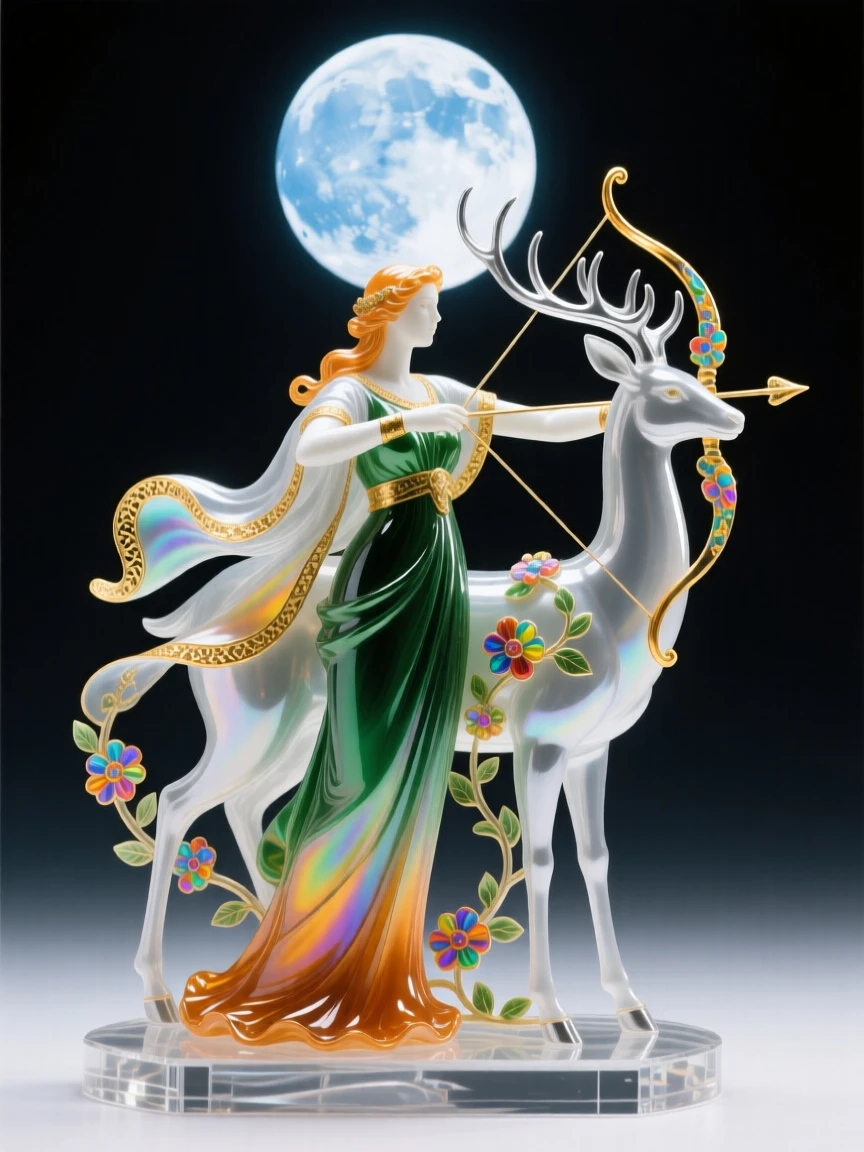 Artemis the huntress standing beside a silver stag beneath a full moon, noble and serene.