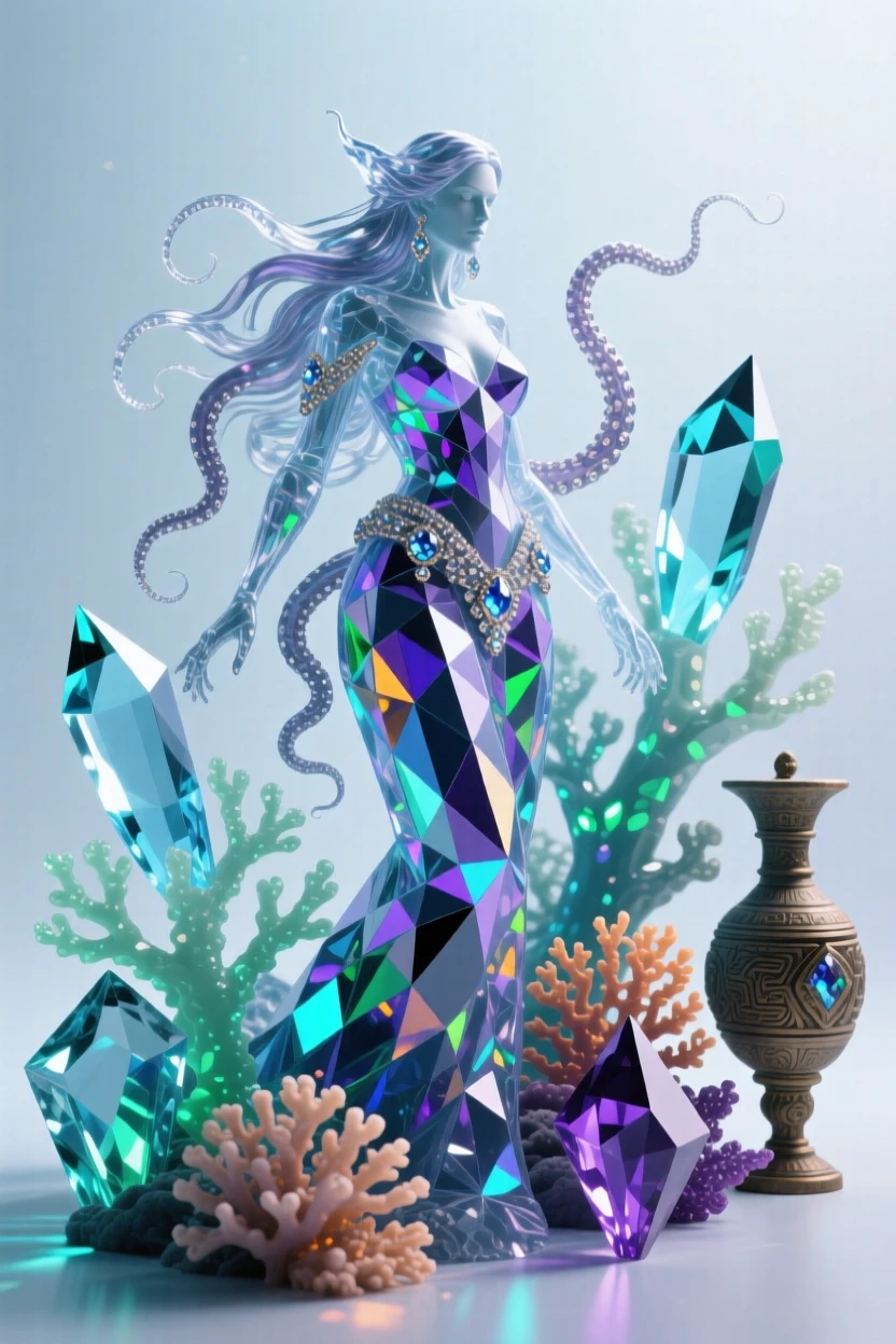 A sea witch's underwater lair glowing with bioluminescent coral and ancient artifacts.