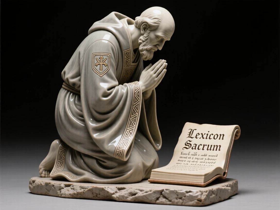 A scholar of the ancient library lost in study kneeling in reverent tribute, bearing markings of rank and honor, stirring a sense of timeless heritage.