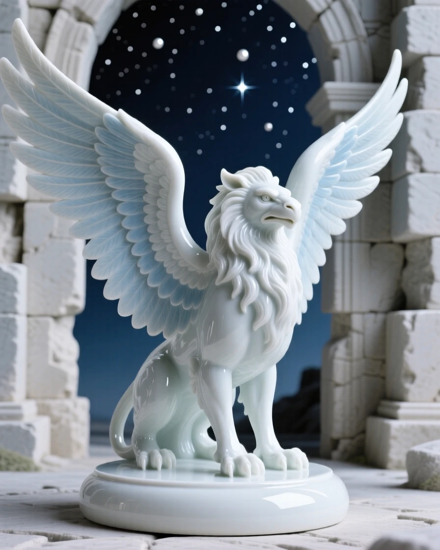 A majestic griffin guarding the entrance to an ancient ruin, wings spread wide against a starlit sky.
