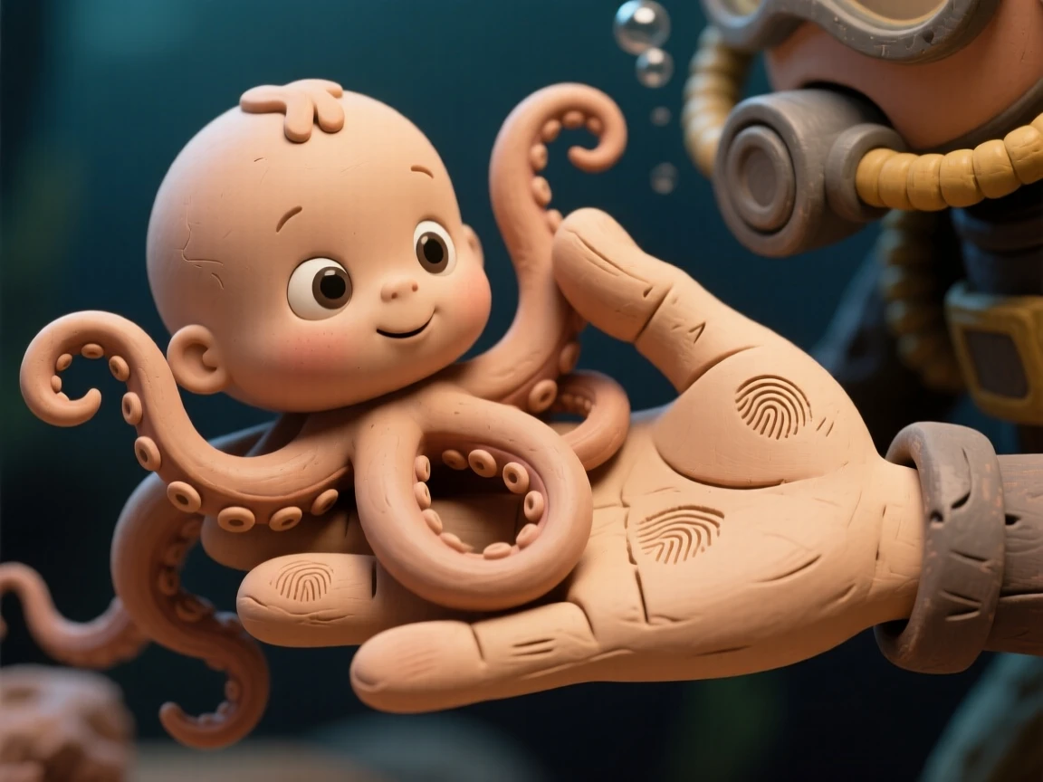 A baby kraken playfully wrapping tentacles around a diver's hand