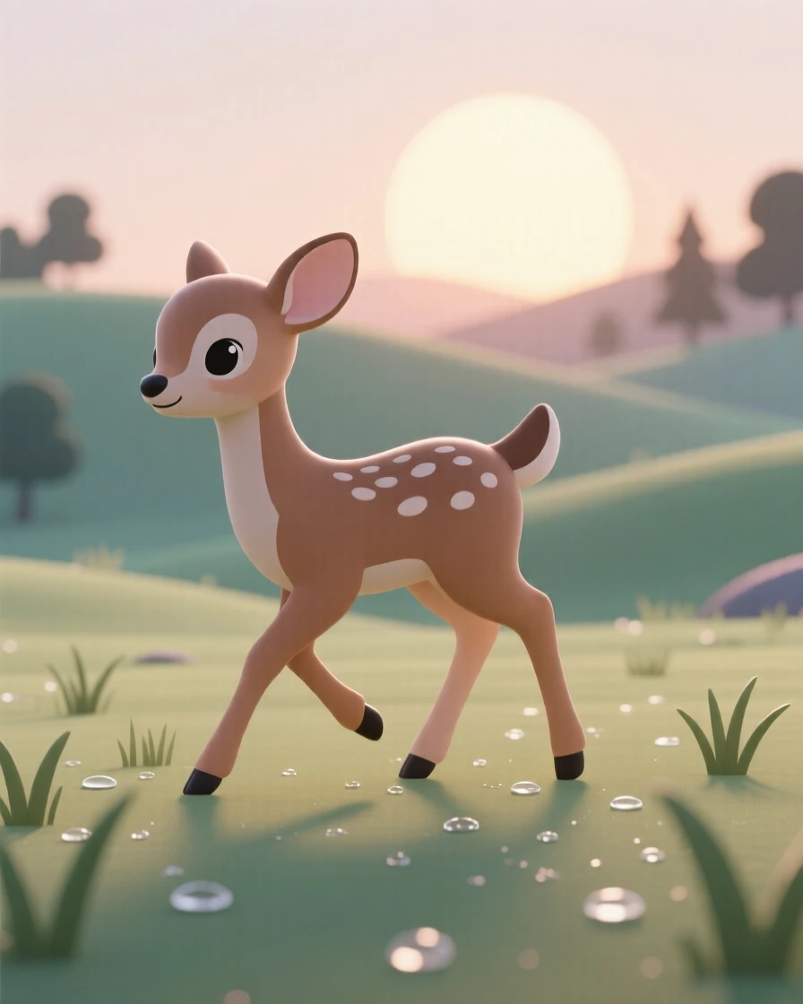 A gentle baby deer takes its first wobbly steps across a dewy meadow at sunrise.