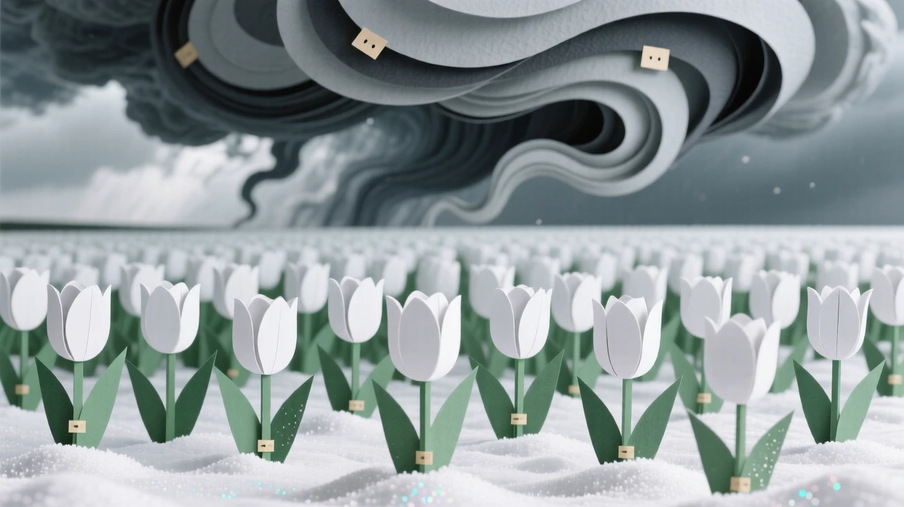 A field of tulips stretching to the horizon under dramatic rolling storm clouds, with fresh snow blanketing every surface, conveying quiet wonder and stillness.
