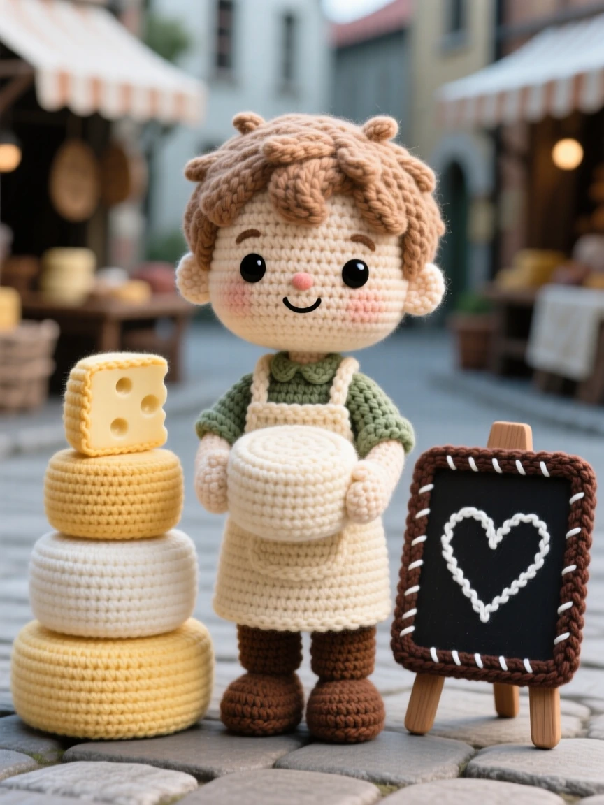 a young apprentice cheesemaker, with a wheel of cheese in his arms, is captured stacking cheese wheels in a cool cellar in a bustling small-town market square beside a small chalkboard sign with a hand-drawn heart, radiating gentle pride in a job done with care.