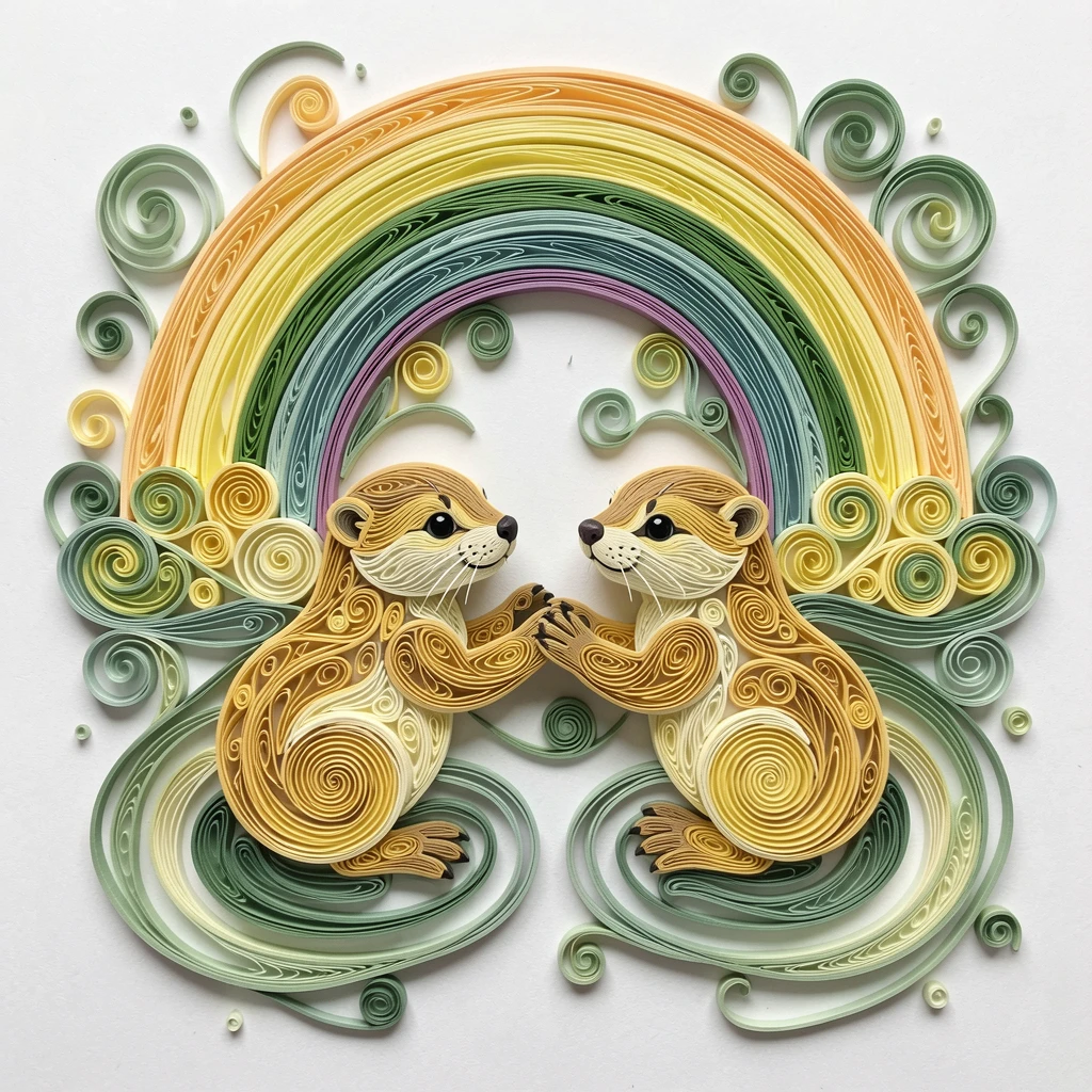 a pair of otters holding paws while floating on their backs under a rainbow after a gentle spring shower, in a palette of buttery yellow and sage green, shown from a gentle overhead perspective.