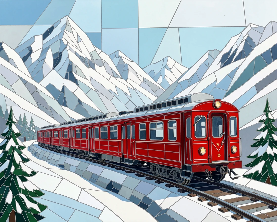 A vintage red train winding through a snowy alpine mountain pass.