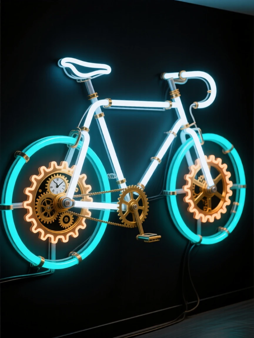 A bicycle with wheels made of giant gears and clock parts.