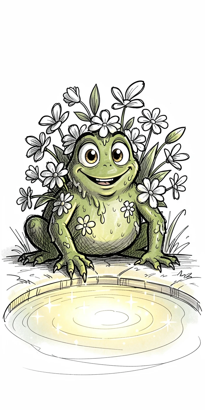 A friendly swamp creature covered in flowers beside a glowing magical pond.