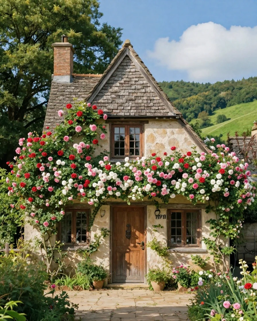A charming countryside cottage covered in climbing roses