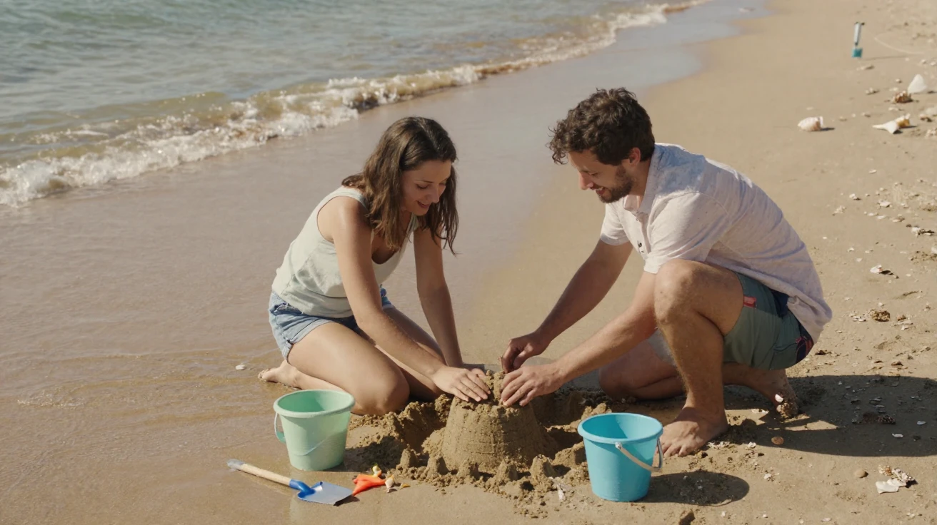 A young couple builds a sandcastle together at the edge of the tide, racing the incoming water.