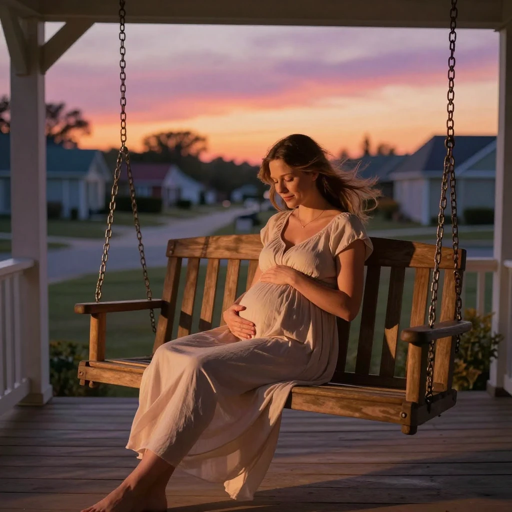 A pregnant woman resting her hands on her belly while watching the sunset from a porch swing