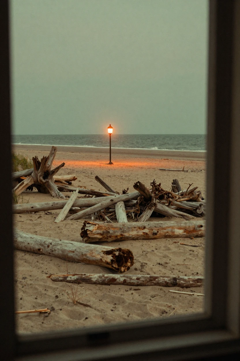 Driftwood scattered across a windswept, empty beach, in low lamplight, as heat shimmers over the ground, as summer fades into fall, with muted olive and rust colors, viewed from across the room.