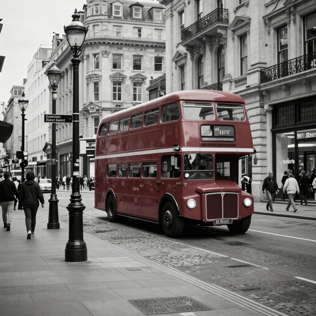 A red double-decker bus winds through busy city streets through a historic city center.