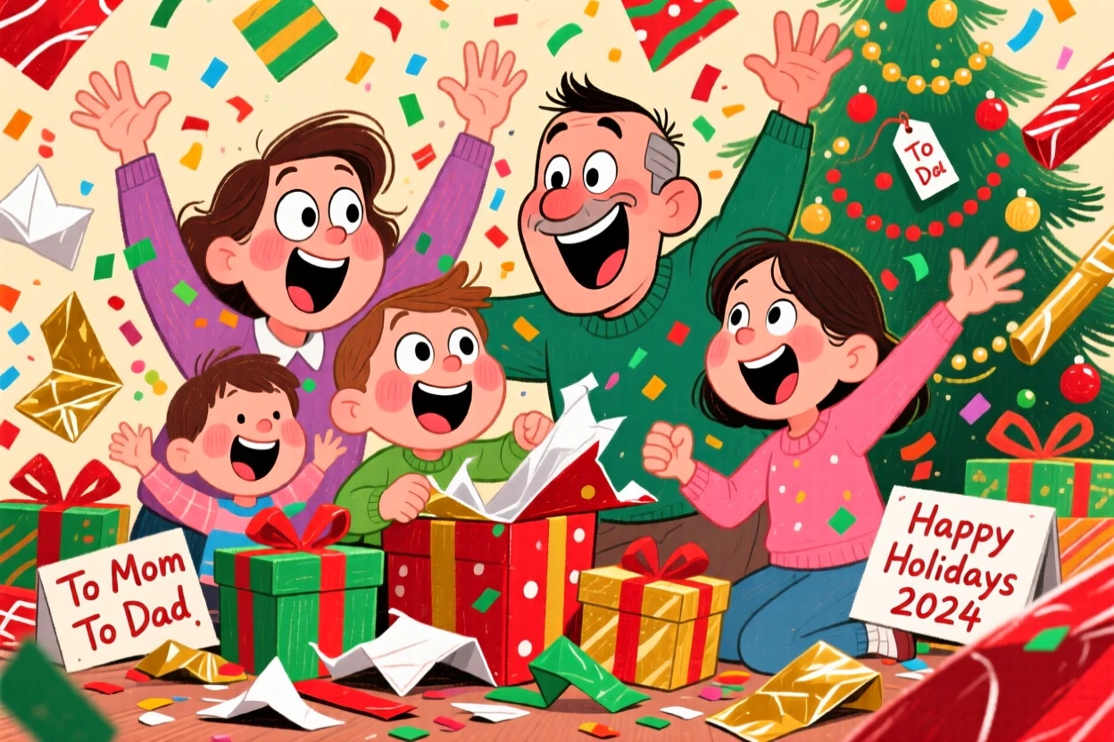 A family unwrapping presents together on Christmas morning, wrapping paper flying everywhere.
