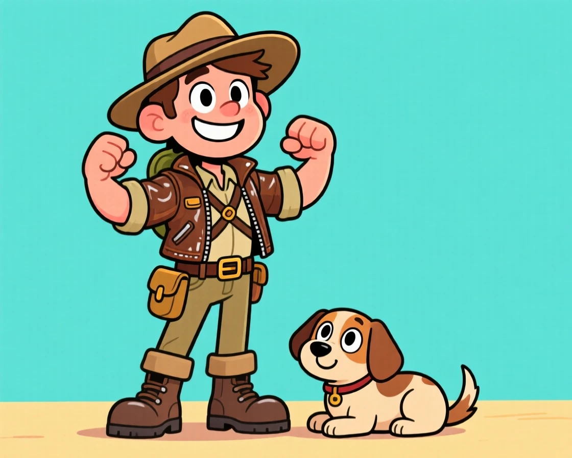 A charming portrait of a bold adventurer, puffing out their chest with pride, with a beloved pet curled at their feet.