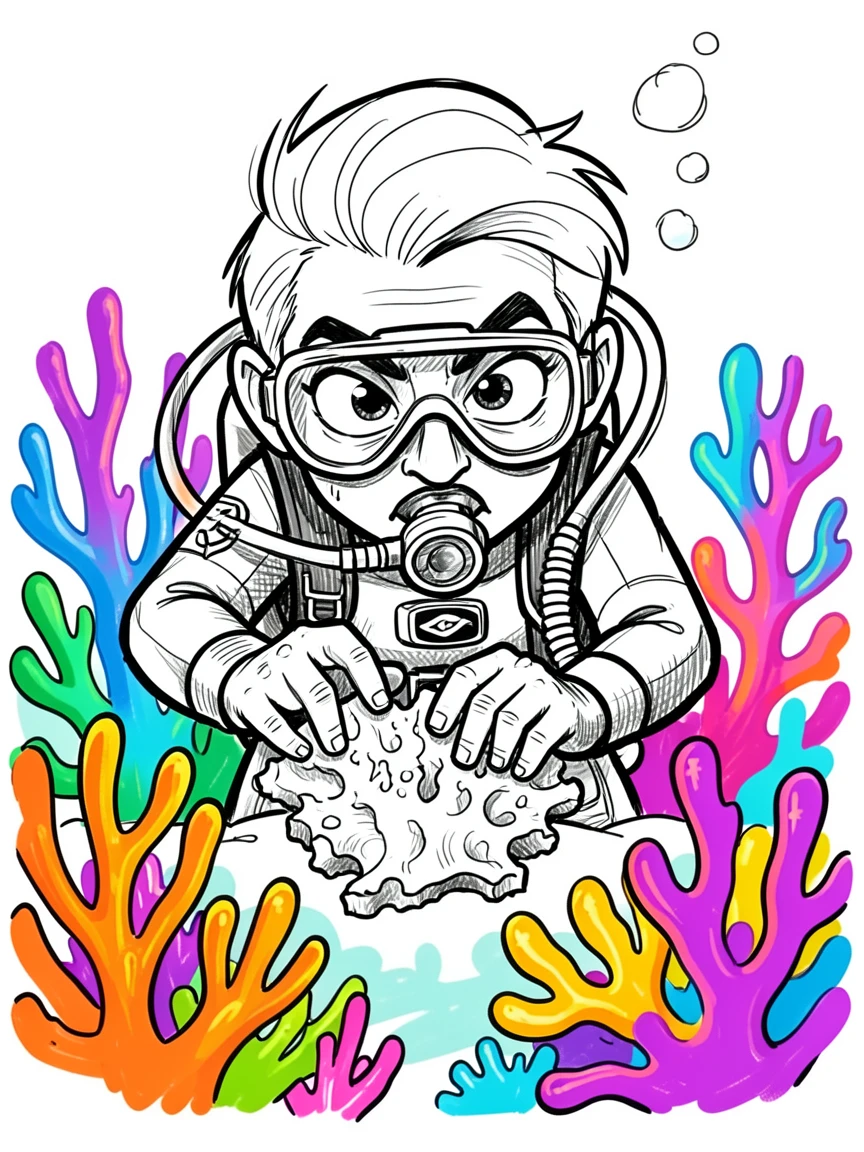 [Occupations & Hobbies] Detailed scene of a dedicated marine biologist studying colorful coral underwater, showcasing skill and dedication