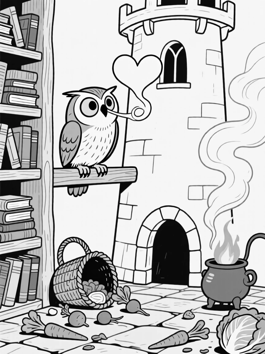 A wizard's owl familiar rolling its eyes at its master, burping out a smoke ring shaped like a heart, set in a smoky tower cluttered with spellbooks. A basket lies overturned, vegetables scattered everywhere. It feels like a page pulled from a beloved fairy tale.