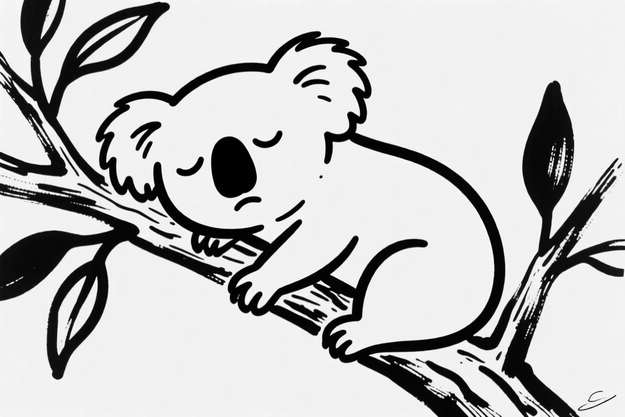 A koala clinging sleepily to a eucalyptus branch, half-lidded eyes.