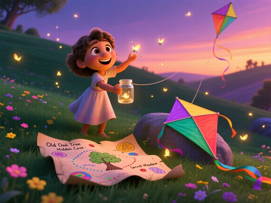 A girl catching fireflies in a jar at dusk takes place on a grassy hill perfect for kite flying, with a handmade treasure map spread out nearby. The atmosphere feels fun, spirited, and full of laughter.