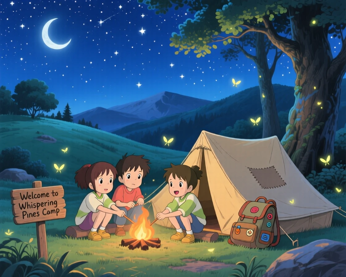 A group of friends setting up camp beneath a starry sky, the moment thrilling and full of wonder.
