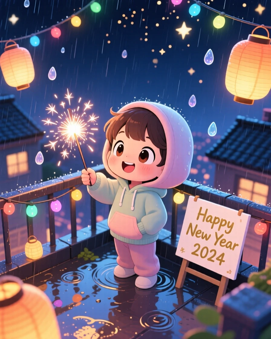 A small child counting down with a sparkler at midnight in a rooftop New Year's celebration during a gentle spring rain shower; sparkling starlight washes over the scene as warm affection fills the moment. Bird's-eye view.