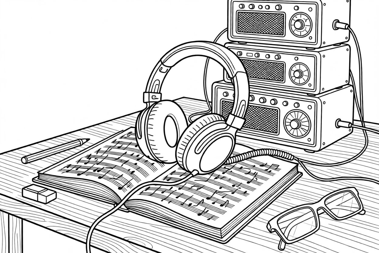 A pair of headphones resting on an open notebook covered in song lyrics, with amplifiers stacked in the background.