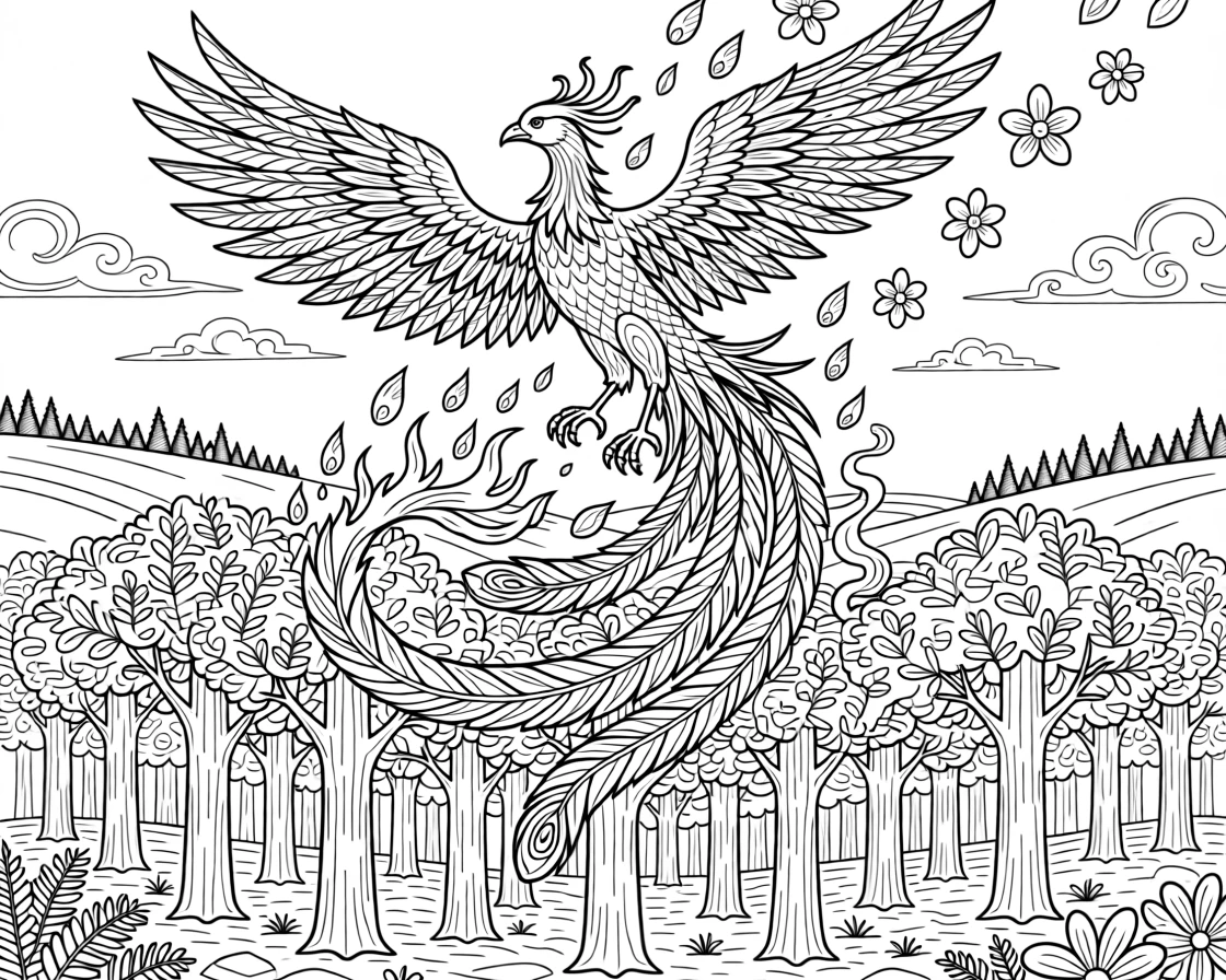 A phoenix rising above a burning forest, embers turning to petals.