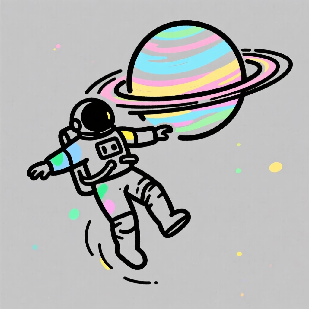 A space explorer floating near a colorful, ringed gas giant.