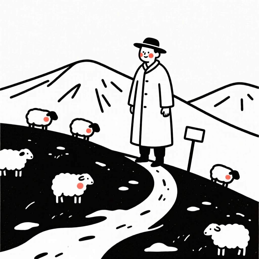 A shepherd on a hillside on a snowy mountain trail.