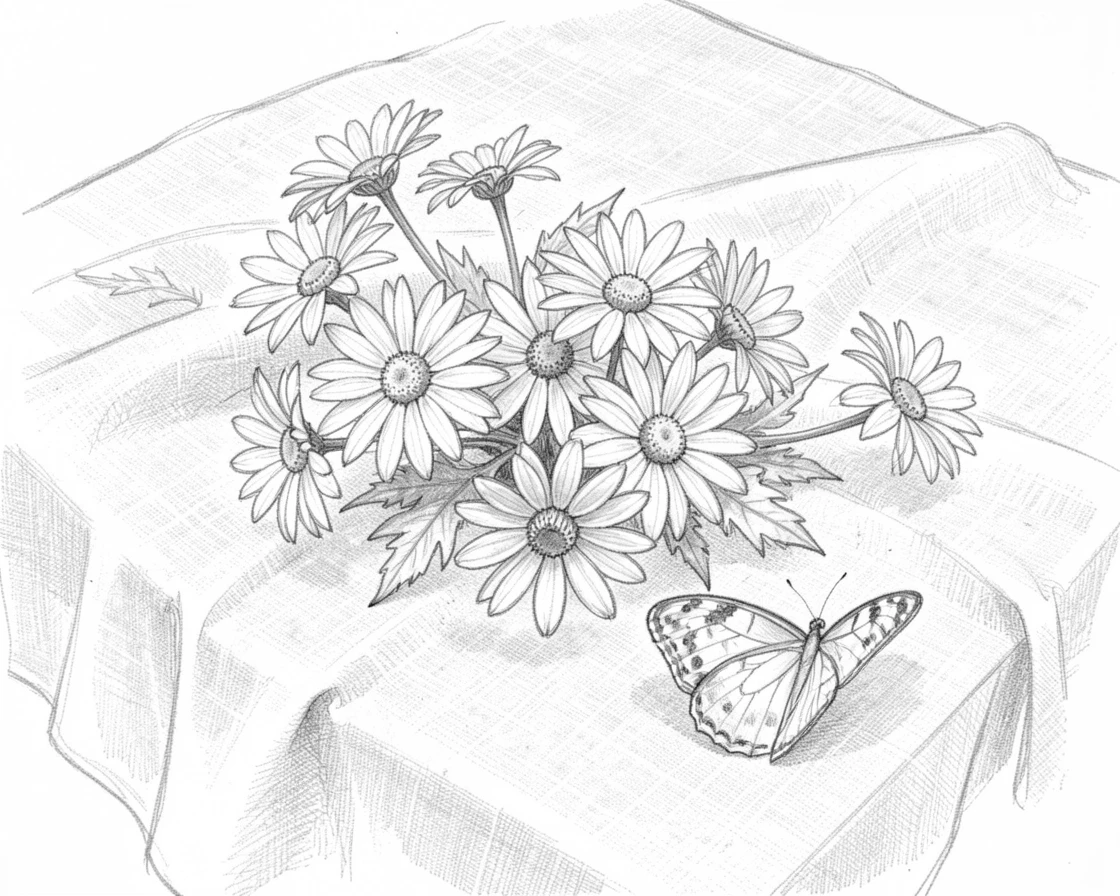 An elegant arrangement of a cluster of daisies scattered across a linen tablecloth, with a butterfly resting nearby.