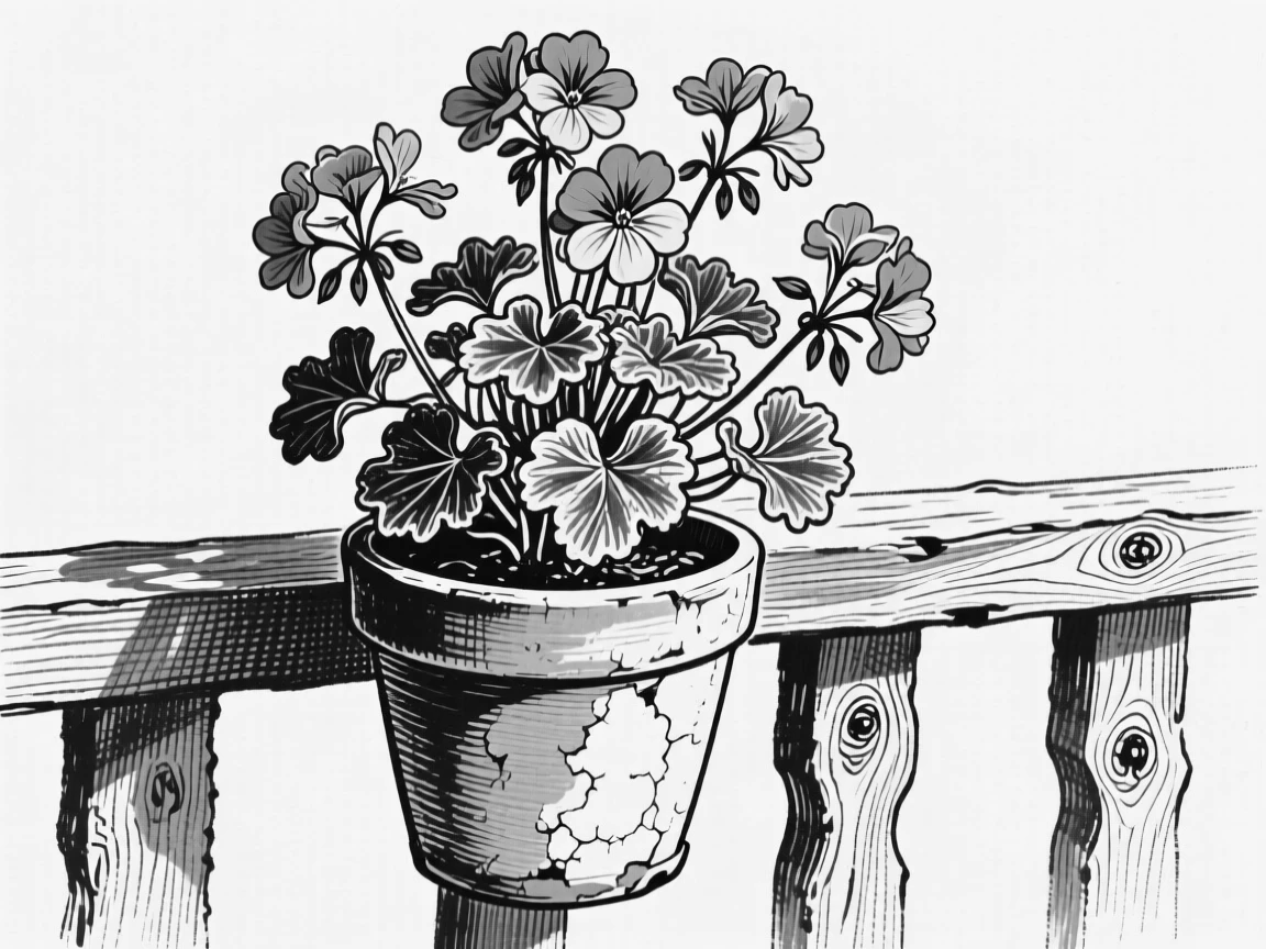 A potted geranium blooming brightly on a rustic balcony railing.